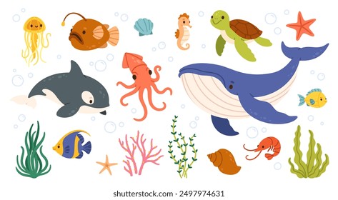 Sea animals. Ocean underwater aqua life. Marine wild animal. Childish tropical colorful fish, coral, algae and exotic elements. Funny whale, starfish, octopus, shrimp. Vector set.