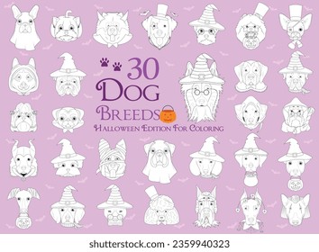 Juego de 30 razas de perros con disfraces de Halloween para colorear