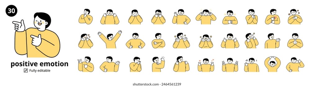 A set of 30 male characters expressing positive emotions. Simple illustration with outlines.