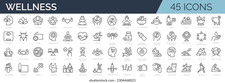 Set of 45 line icons related to wellness, wellbeing, mental health, healthcare, cosmetics, spa, medical. Outline icon collection. Editable stroke. Vector illustration