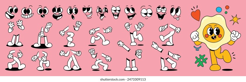 Set of 70s groovy comic faces vector. Collection of cartoon character faces, leg, hand in different emotions happy, angry, sad, cheerful. Cute retro groovy hippie illustration for decorative, sticker.