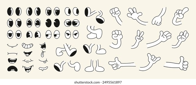 Set of 70s groovy comic faces vector. Collection of cartoon character faces, leg, hand in different emotions happy, angry, sad, cheerful. Cute retro groovy hippie illustration for decorative, sticker.