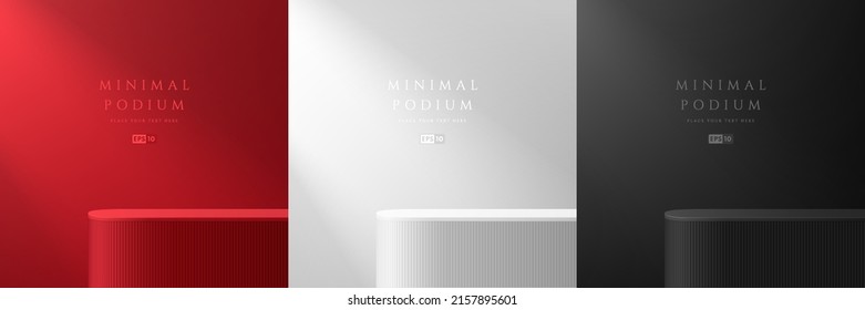 Set of abstract 3D room with white, red and black realistic round corner stand podium. Vertical lines texture. Vector rendering geometric forms. Minimal scene. Stage showcase, Mockup product display.