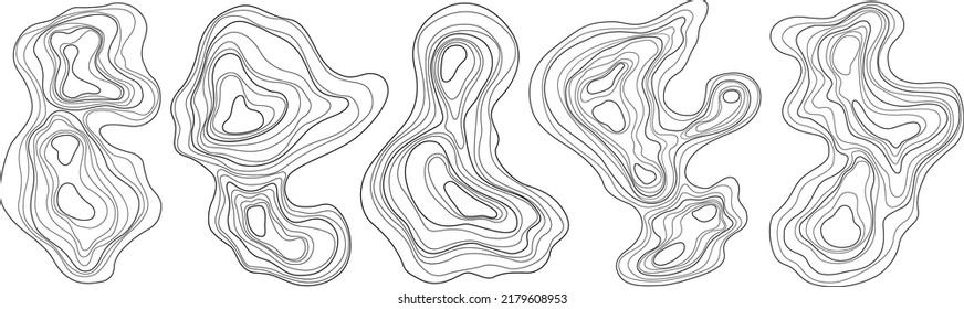 Set of abstract tree rings. Vector topographic map design elements. Contour map concept. Thin wavy lines.