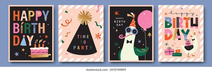 Set of Birthday greeting card with cute little ducks, party hats, cake, balloons and typography design.