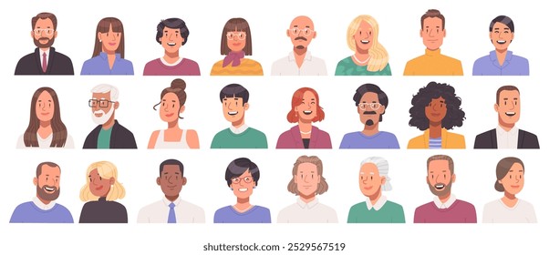 Set of business people avatars. Collection of portraits of happy men and women of different ages and races. Vector illustration in flat style