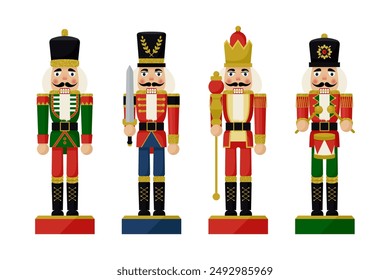 Set of Christmas Nutcracker toys soldier traditional figurine. Vector illustration in flat style, isolated on a white background