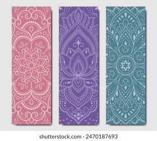 Set of design yoga mats. Lotus floral pattern, mandala in oriental style for decoration sport equipment. Colorful ethnic Indian ornaments for spiritual serenity. Decor of card, poster, print.