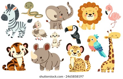 Set of flat vector illustrations in children's style of savannah animals. Cute rhinoceros lemur lion flamingo toucan vulture vulture snake zebra parrot  tiger giraffe leopard cheetah . Vector illustra