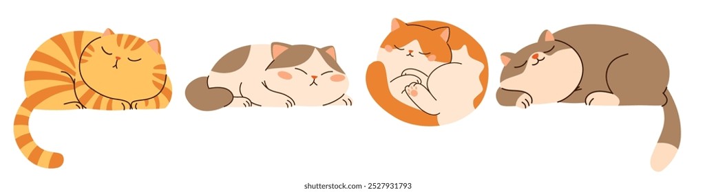 Set of flat vector illustrations in children's style. Cute sleeping cats on white background 