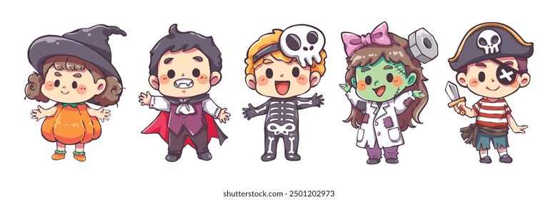 Conjunto de niños en disfraces de halloween de dibujos animados. Niños en diferentes disfraces de Halloween con vampiro, bruja, pirata, esqueleto, frankenstein, dracula. Elementos para el diseño decorativo del festival de Halloween.