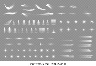 Set of lighting effects effect, beam, sparkle, line, glow, white. Glow abstract isolated curve lens of light effects. Lens flare, explosion, sparkle, line, vortex ray, sparks and stars, spotlight