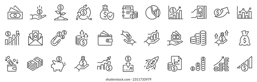 Set of line icon related to income, salary, money, business. Outline icon collection. Editable stroke. Vector illustration