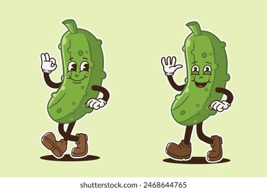 set of mascot pickles with retro style, groovy style, vintage mascot, character food mascot