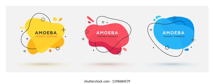 Set of modern abstract vector banners. Flat geometric shapes of different colors with black outline in memphis design style. Template ready for use in web or print design.