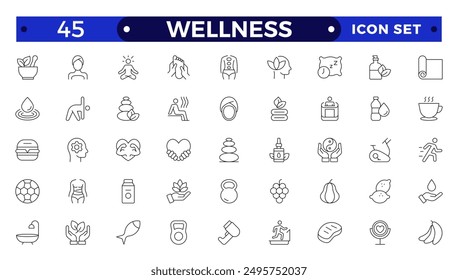 Set of outline icons related to wellness, wellbeing, mental health, healthcare, cosmetics, spa, medical, massage, yoga, spa, relaxation,  exercise, diet, Outline icon collection. Wellness icon set. 
