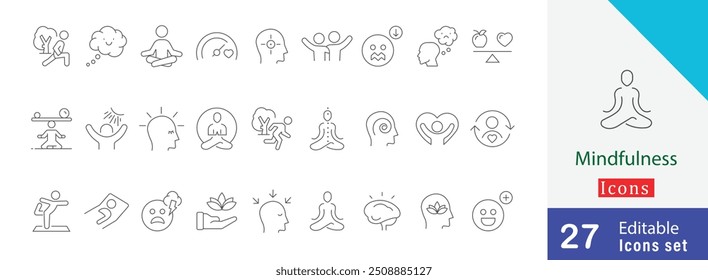 Set of Outline Mindfulness editable Icons collection. with  Harmony, Yoga, Nature,  Mind-body connection, Wellness, Mental health and more stroke illustration