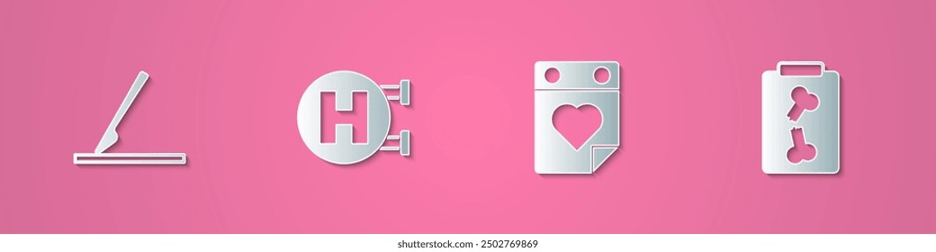 Set paper cut Medical surgery scalpel, Hospital signboard, Doctor appointment and X-ray shots icon. Paper art style. Vector