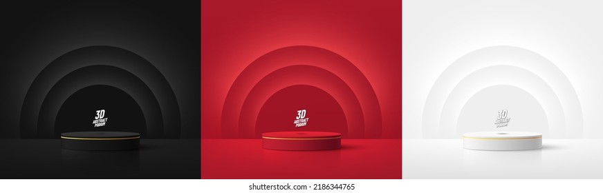 Set of realistic 3d background with cylinder podium. Black, red, white glowing light semi circles layers scene. Abstract minimal scene mockup products display, Stage showcase. Vector geometric forms.