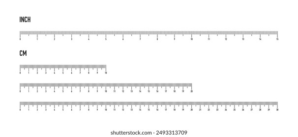 A set of scales in centimeters and inches, 10, 20, 30 cm. and a 15-inch scale. Markings for the ruler.