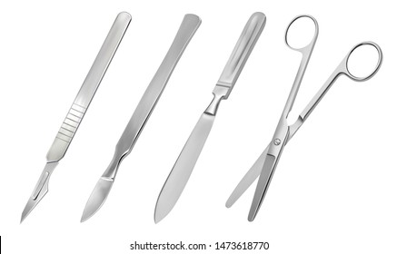 A set of surgical cutting tools. Reusable all-metal scalpel, delicate pointed scalpel with removable blade, amputation knife Liston, scissors hinge straight with blunt ends. 
Vector illustration