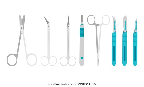 Set of surgical instruments in a flat style. Vector illustration of scissors of various shapes and purposes, scalpel on a white background.