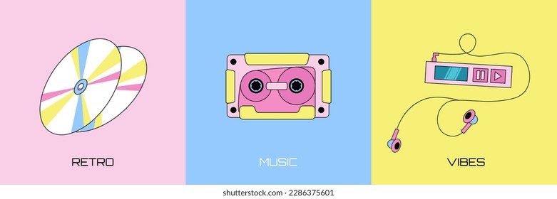 Set of three retro music elements, compact disks, audio cassette and old fashioned mp3 player with earphones on a colorful background.