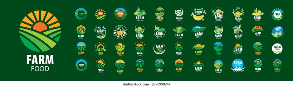 A set of vector Farm Food logos on a green background