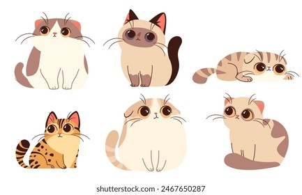 Set of vector illustrations in cartoon style. Super Cute cats with big eyes on white background