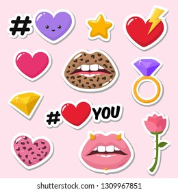 Set of vector romantic icon of love stickers. Stickers in the form: Lips are textured under the leopard, heart, rose, diamond, star, lips, ring 