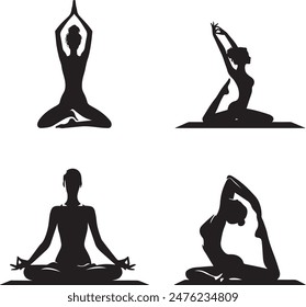 Set of yoga women silhouettes vector art illustration.