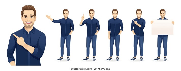 Set of young handsome man poses wearing blue shirt and jeans with different gestures showing something. Isolated vector illustration