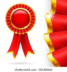 Shiny red award ribbon with golden edging. Fabric with highly detailed texture