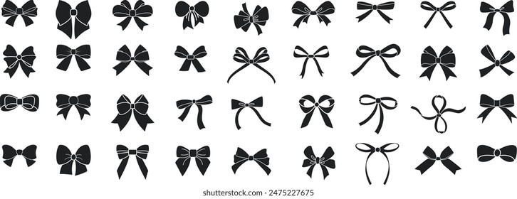 Simple hand drawn Black ribbon bow collection. Bowknot for decoration, big set of bowtie. large Retro hand-drawn ribbon illustration set. Set of various cartoon bow knots, gift ribbons.