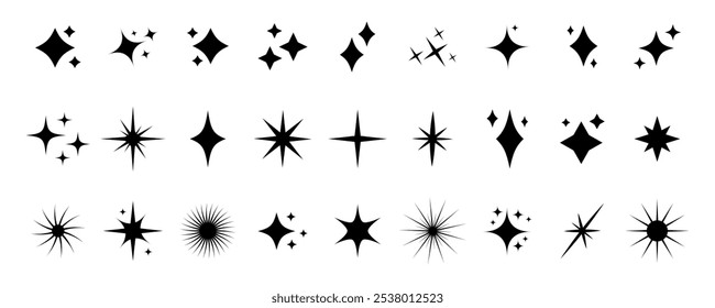 sparkle star icon, star sparkle vectors, Shining sparkle icon, Blink twinkle, sunburst star shapes collection. Abstract magic light flare, vector stars icon templates pack isolated on white background