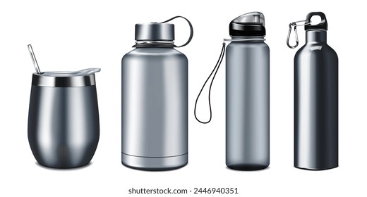 Stainless steel reusable drink container set. Vector mock-up. Tumbler thermo cup with lid and metal drinking straw, insulated water bottles. Realistic mockup