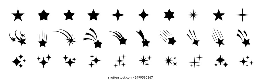 Stars icon collection. Different star shapes. Black stars icon set.  Sparkle star icon set. Falling stars . Vector illustration 