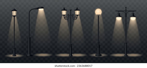 Street lamp realistic icons set with spotlights on transparent background isolated vector illustration