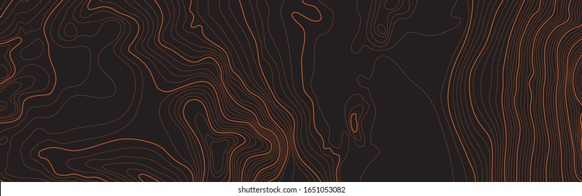 The stylized height of the topographic map contour in lines and contours. The concept of a conditional geography scheme and the terrain path. Orange on black. Ultra wide size. Vector illustration.