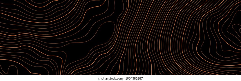 The stylized height of the topographic map contour in lines and contours. The concept of a conditional geography scheme and the terrain path. Orange on black. Ultra wide size. Vector illustration.