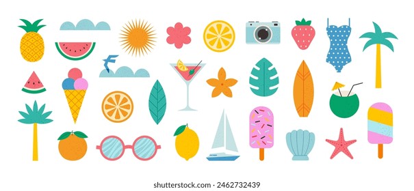 Summer icons set. Holiday beach elements for tropical vacation. Minimalist geometric style. Boat, surfboard, watermelon, lemon, seashell, photo camera, palm tree. Vector flat illustration.