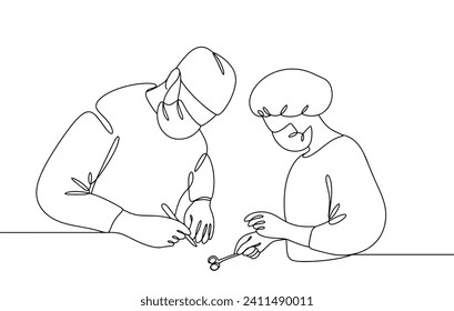 The surgeon performs the operation together with the operating nurse who assists him. Working in the operating room. Vector. Images produced without the use of any form of AI software at any stage. 