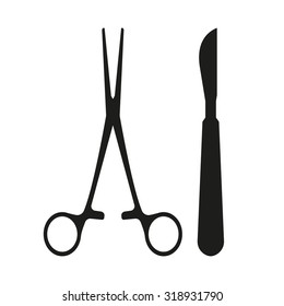 Surgical Instrument. Medical scalpel and clamp icon isolated on white background. Vector illustration.