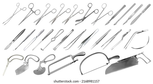 Surgical instruments set. Tweezers, scalpels, plaster and bone saws,  amputation and plaster knives, Microsurgical forceps and clamps, hook, needle. Large collection of hand metal tools. Vector