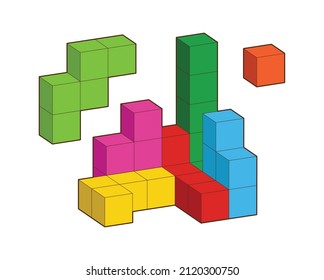 Tetris cube. 3D building block set. Isometric blocks. Abstract construction from isometric box, blocks Tetris shapes. The concept of logical thinking, geometric shapes.