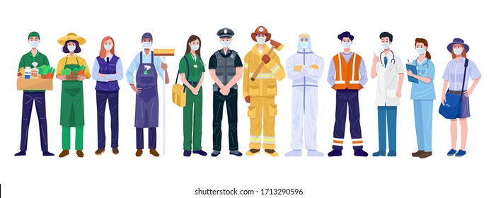 Thank You Essential Workers Concept. Various occupations people wearing face masks. Vector