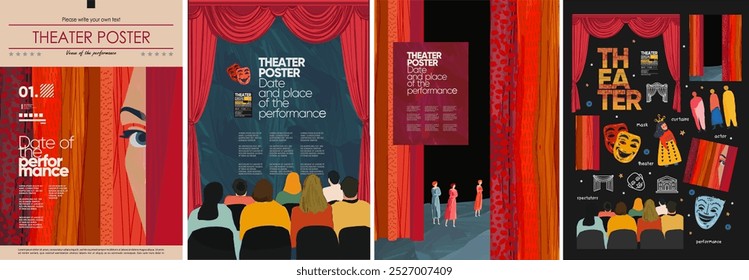 Theater, audience and stage. Vector modern illustration of red theater curtains, actors, mask, spectators, performance, stand up for poster, invitation, flyer or background