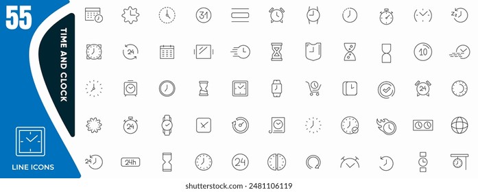 Time and clock line icon set. Clock, smart watch, fast shipping, wall clock, alarm, bell, person hour, timer, speed, restore, management, calendar and watch outline icon collection.