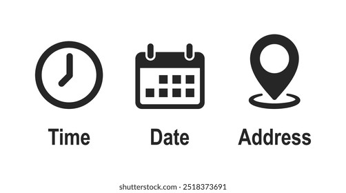 Ícone de hora, data e endereço definido. Calendário, relógio, localização. Traçado editável. Ilustração de contorno de vetor linear. Ilustração vetorial.