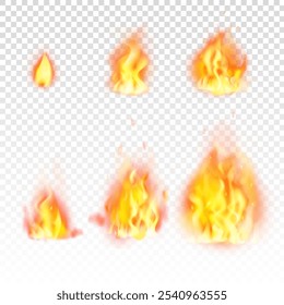 Translucent orange fire flames and sparks on transparent white background. Tongues of flames, fire flame realistic set. Burning elements, ignition effect, fireball energy icons